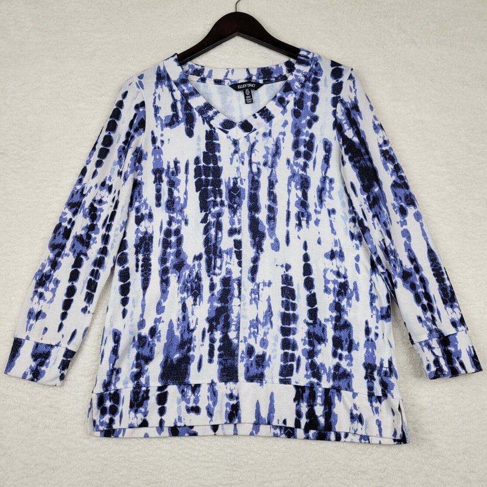 Ellen Tracy Shirt Womens Small Blue Tie Dye Long Sleeve V Neck Pullover